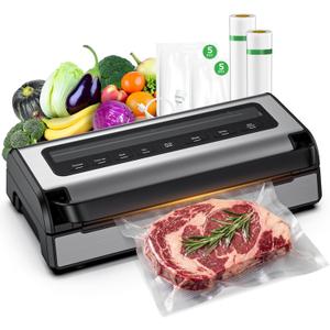 Vacuum Sealer for Food, Complete Starter Kit Includes 2 Rolls & 10 Bags, All-in-One Automatic Food Sealer machine with Built-in Cutter & Bag Storage, Powerful Motor for Dry/Moist/Canister Sealing