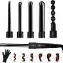 6 in 1 Curling Iron Wand Set with 6 Interchangeable Ceramic Barrels and Heat Protective Glove (Black-6in1) (Black-6)