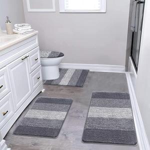 Bsmathom Bathroom Rugs Sets 4 Piece with Toilet Cover, Plush Shaggy Microfiber Non Slip Bath Rugs, Machine Washable Bathroom Mat with U-Shaped Contour Toilet Mat for Bathroom Tub, Shower, Dark Grey (18"x26"+20"x31"+U20"x24"+Cover19"x21")