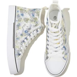 kufeiti Women's High Top Canvas Shoes Embroidered Sequins Lace Up Comfortable White Casual Fashion Sneakers(Grass Green, US10)