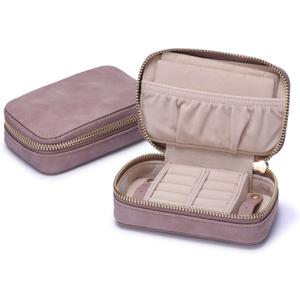 HISCOW Vegan Leather Travel Jewelry Case with Zipper - Portable Necklace & Earring Holder Organizer for Women Girls, Velvet-Lined Ring Box with Anti-Tarnish Design, Grayish Purple