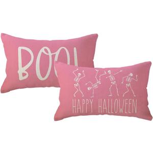 2pack Halloween Skeleton Decor Pillow Covers 12x20 Inch Happy Halloween Skull/ Boo Cushion Covers Farmhouse Funny Skull Decorative Rectangular/ Lumbar Pillowcases for Sofa/ Couch/ Porch (Pink, 12"×20")