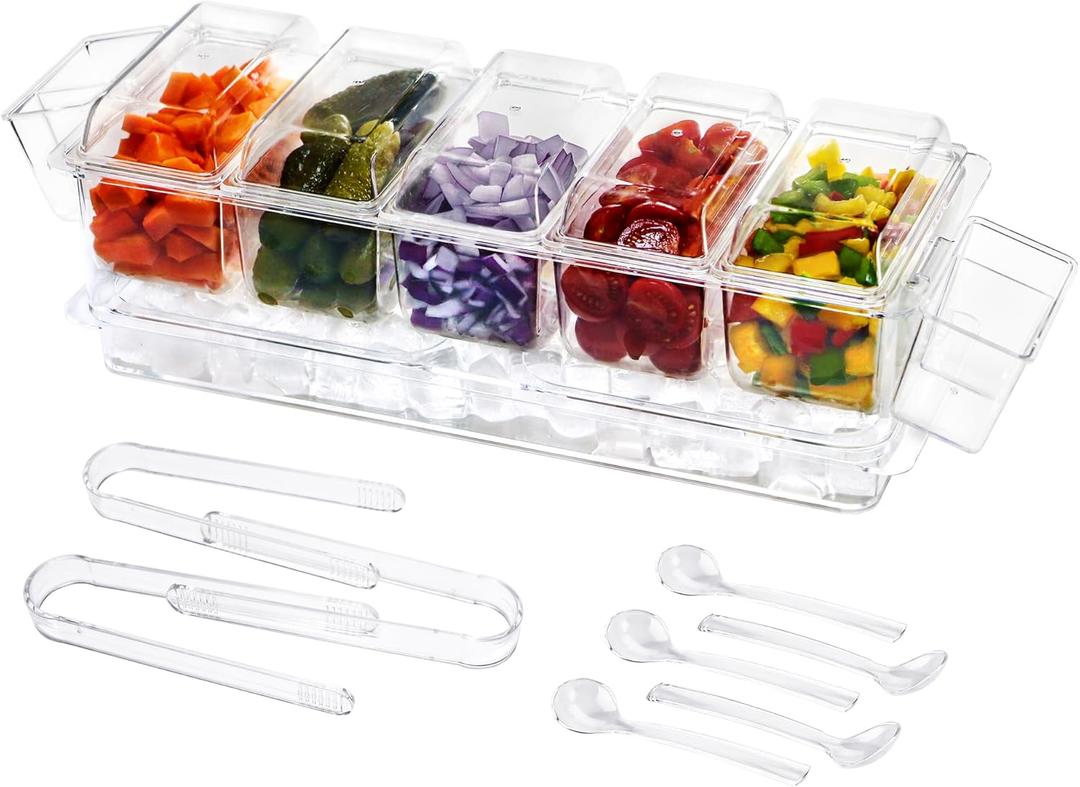 Chilled Condiment Server | Taco Bar Serving Set for Party | Chilled Condiment Tray with Lid and 5 Removable Compartments