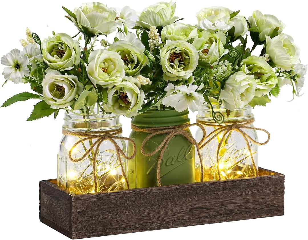 3 Pcs Mason Jar Centerpiece Table Decorations for Dining Farmhouse Coffee Table Decor with Wood Tray and Led Light Table Centerpieces for Dining room Kitchen Living Bathroom,Green
