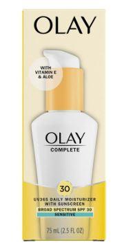 Olay Face Moisturizer, Complete with Sunscreen SPF 30, Fragrance-Free for Sensistive Skin, Broad Spectrum Sun Protection, Long-Lasting Hydration, Non-Comedogenic - Vitamin E & Aloe - 2.5 Oz