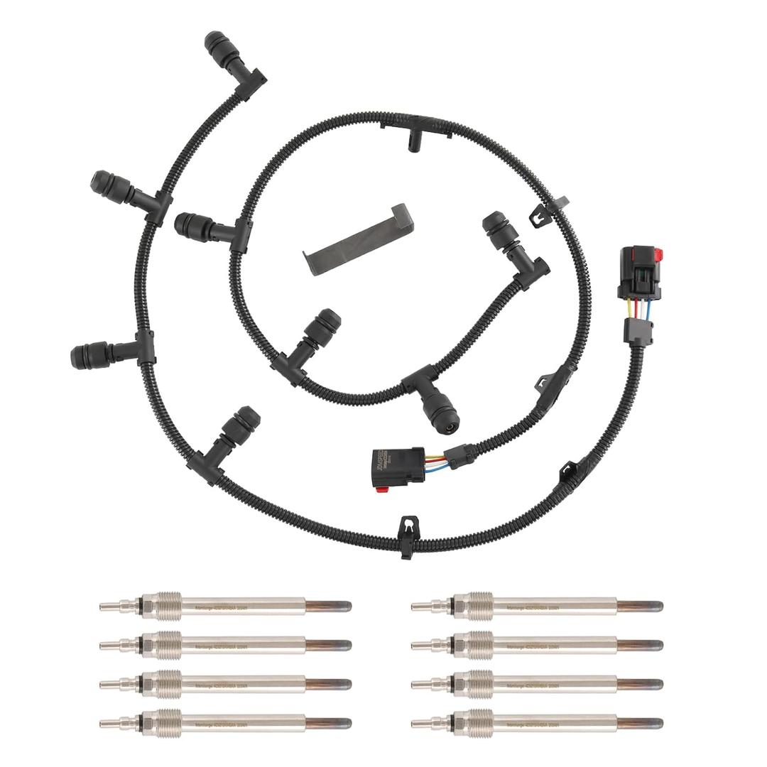 Glow Plug Connector Wire Harness with 8pcs Glow Plugs Compatible with F250 F350 F450 E350 E450 Super Duty 6.0L Powerstroke 2004-2010, Replace 5C3Z-12A690-A 4C2Z-12A690-AB