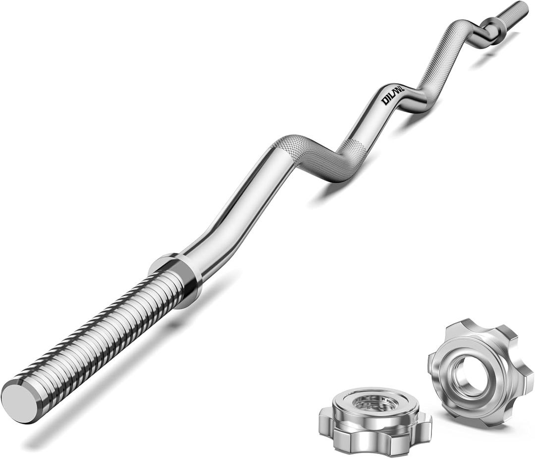 47" EZ Curl Bar Weight Lifting Bar, 1-inch Plates Curl Bars for Squats/Hip Thrusts/Lunges, Weight lifting Plates Curling Bar for Gym and Home -2 Star Collars(280lb Weight Capacity) (Silver)