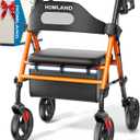 HOMLAND Foldable Rollator Walkers with Seat for Seniors, 8'' Big Wheels, 350 lb. Weight Capacity, Adjustable Handles and Seat Height, Lightweight Rolling Walker, Orange