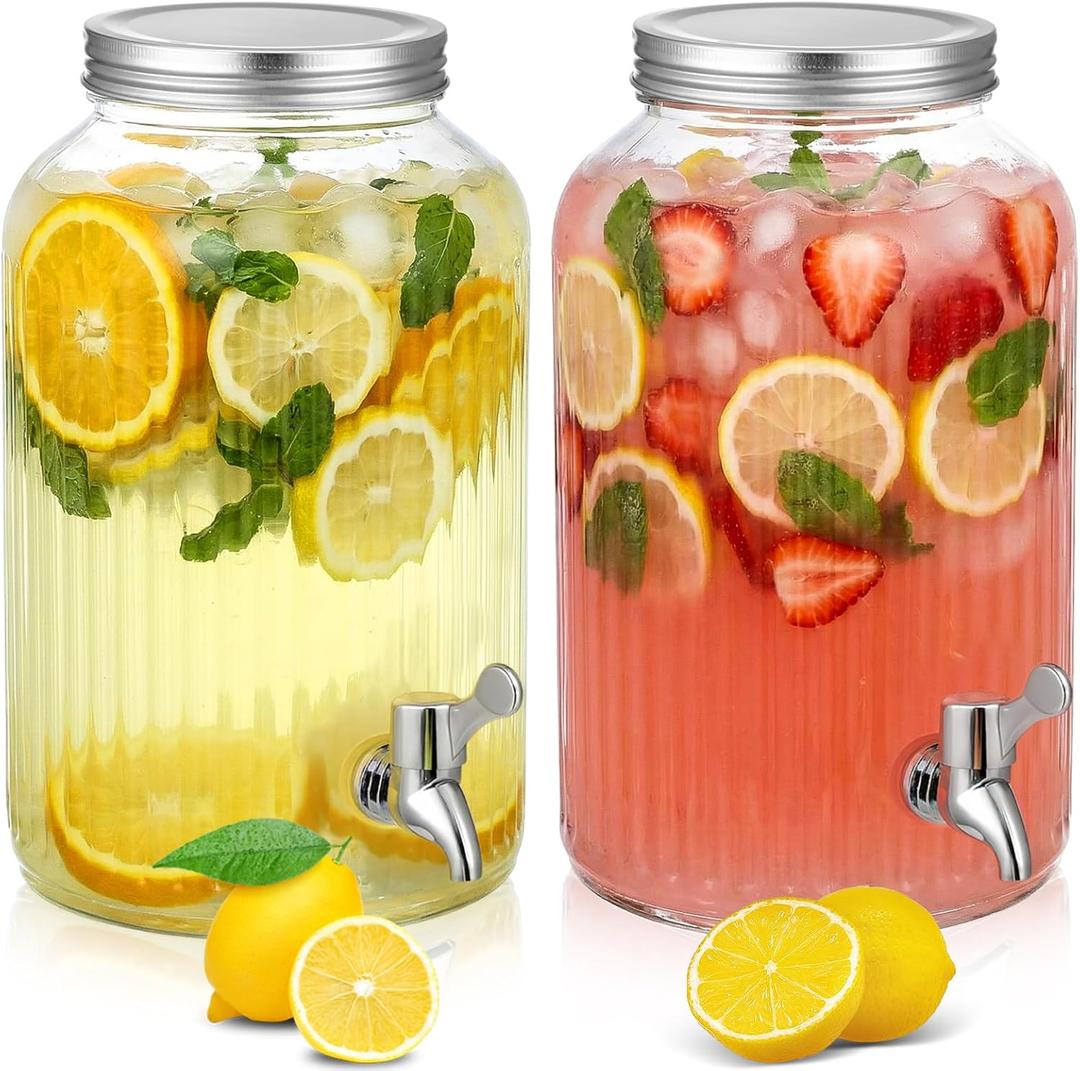 SiliFine 2 Pieces 1 Gallon Plastic Beverage Dispenser with Spigot Striped Clear Large Drink Beverage Dispenser Summer Fridge Water Container with Tap for Party Iced Tea, Sangria, Lemonade (Silver)