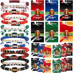 Quelay 24 Set Game Day Football Bracelets Gifts Stackable Clay Beaded Stretch Bracelets Jewelry Adjustable Friendship with Gift Cards for Football Fans Player Coaches Sports Team Party Favor