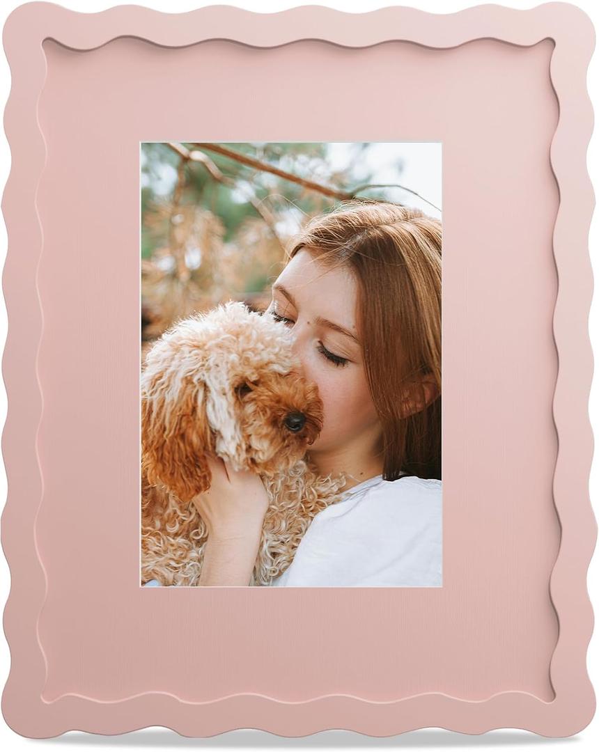 8x10 Picture Frame with Mat for 5x7, Wavy Edge Wooden Real Glass Photo Frame for Tabletop and Wall Hanging, Pink, 1 Pack