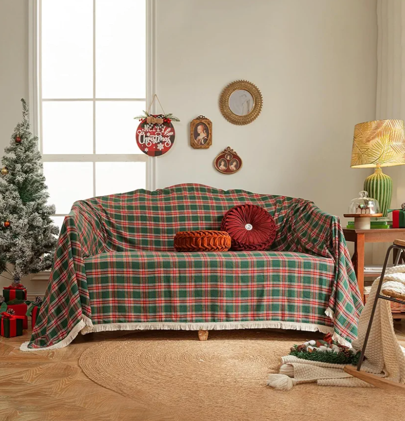 HANDONTIME Christmas Buffalo Plaid Couch Cover Checkered Sofa Covers Christmas Decorations Green and Red Grid 3 Seater Couch Cover for Farmhouse Home Decor Couch Protector for Dogs, 71"x 134