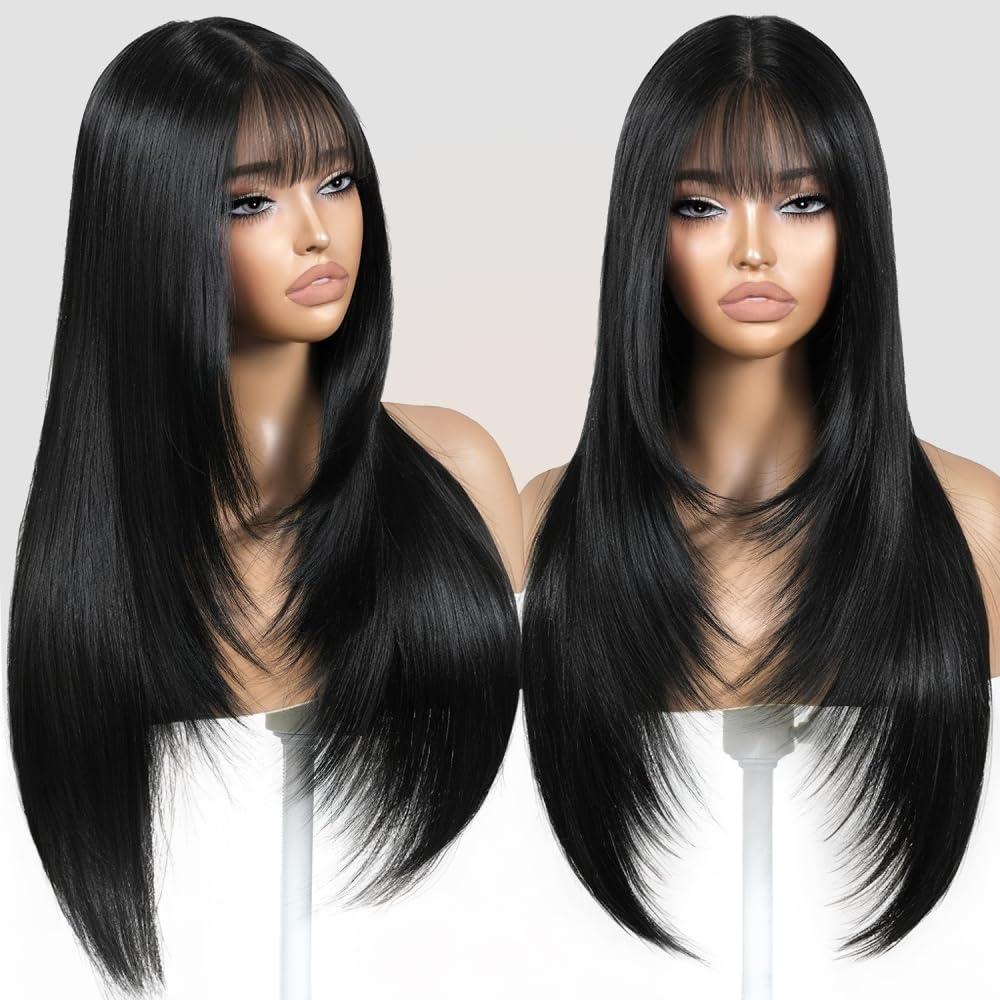 Black Wig with Bangs Long Black Wig for Women Synthetic Heat-Resistant Hair Layered Style Hair for Daily and Party Use (26 Inch)