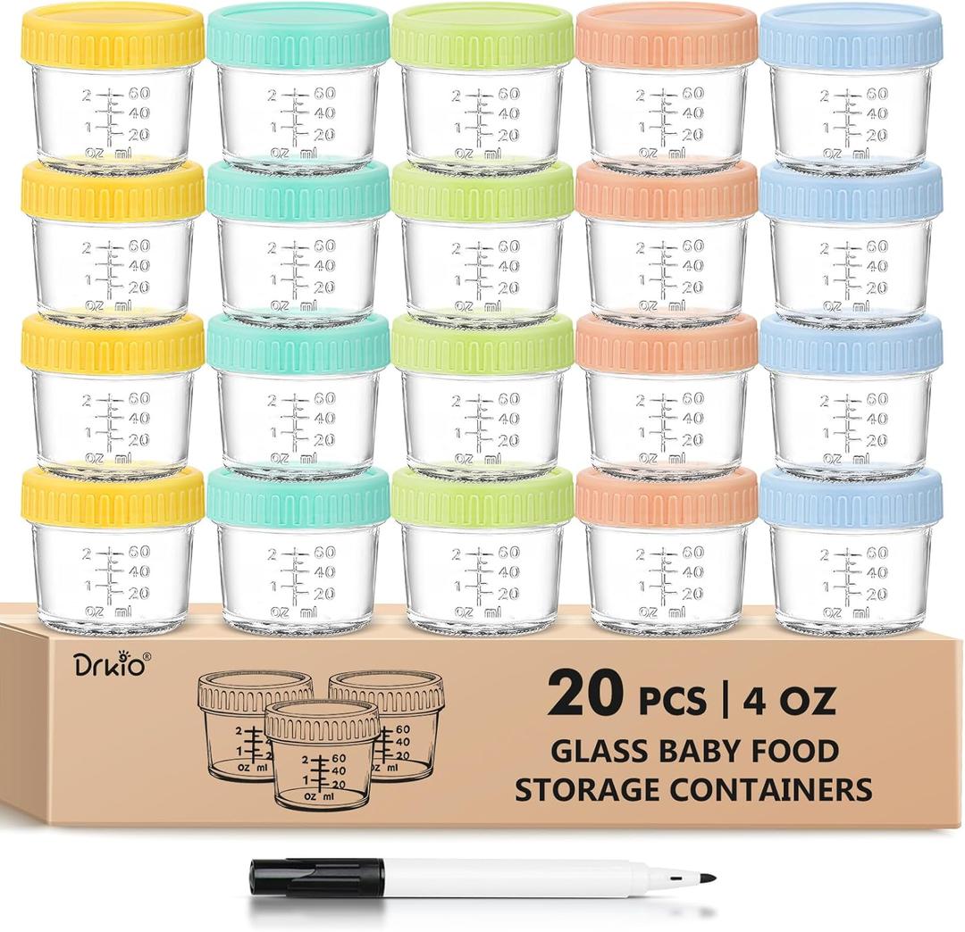 DRKIO 2 0Pack Glass Baby Food Storage Containers 4 Oz Baby Food Jars with Lids Baby Food Maker Microwave Dishwasher Freezer Safe 100% Leak-Proof BPA Free