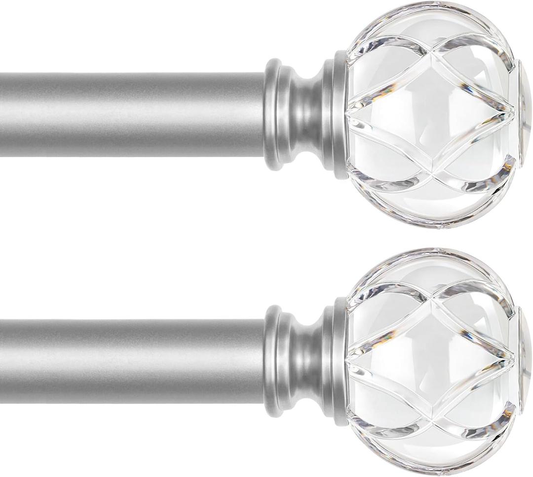 KAMANINA 2 Pack Silver Curtain Rods for Windows, Telescoping Splicing Single Curtain Rod 32 to 58 Inches (2.6-4.8 Feet), 1 inch Decorative Curtain Rods With Twisted Translucent Ends