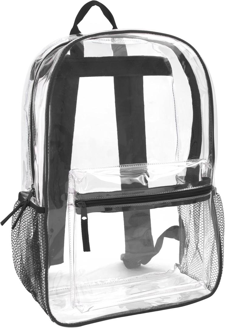 Trail maker Clear Backpack Heavy Duty with Padded Straps, Side Pockets for Kids, Boys, Girls, School, Stadium Approved Events (Black)