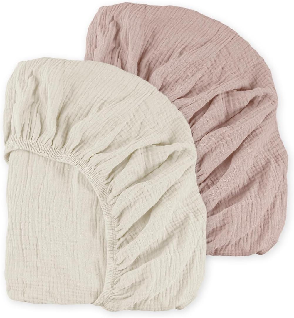 Muslin Mini Crib Sheets, 2 Pack for Baby Boy and Girl, Soft Breathable Stretchy Baby Pack N Play Mattress and Mini Cribs Sheet, Universal Fitted Portable/Mini Crib Mattresses (Gentle Colors) (Pack N Play Sheets 2 Pack)