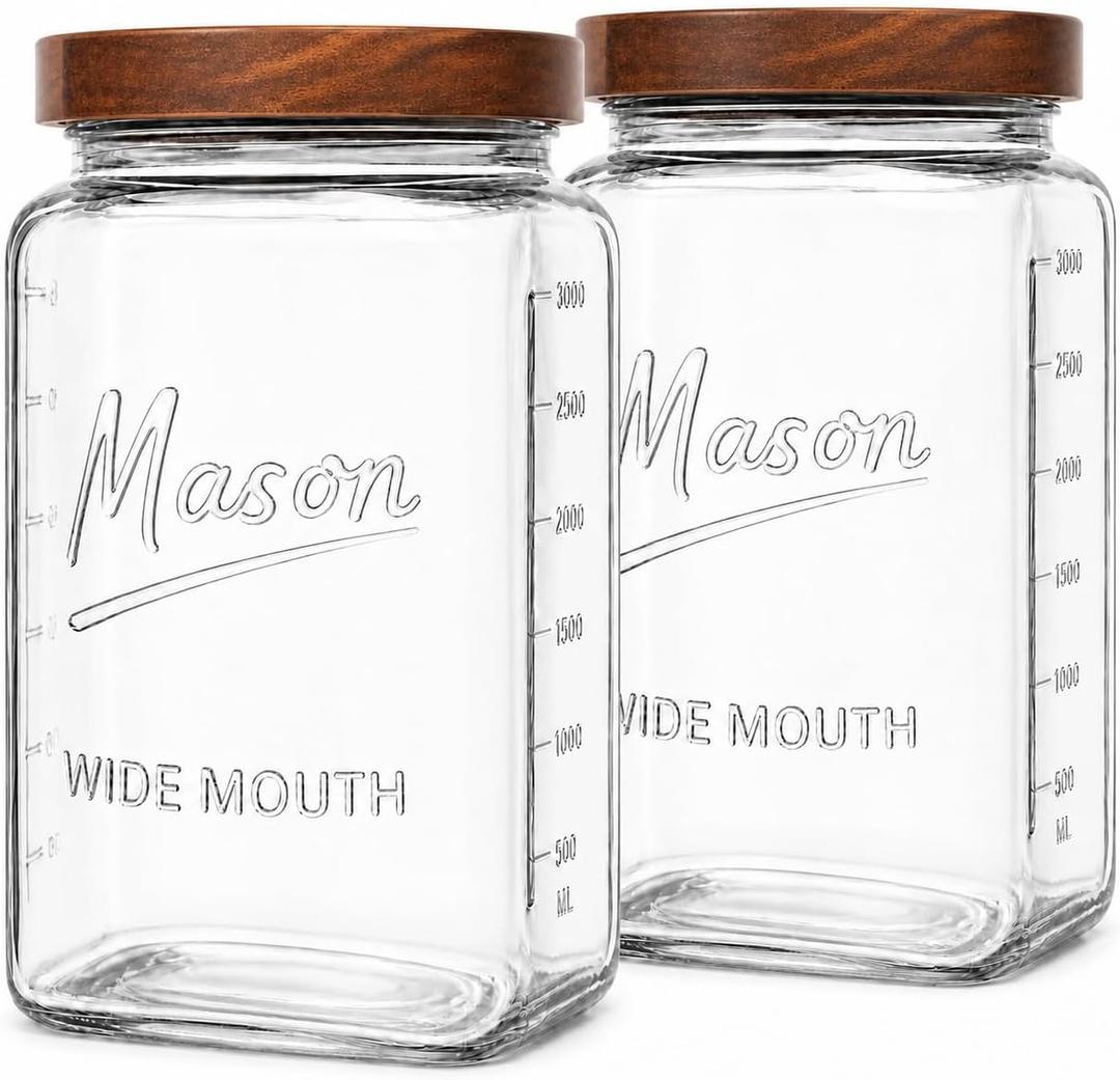 1 Gallon Glass Jars with Wooden Lids - Extra Large Mason Jars Wide Mouth with Airtight Wood Lids - Square Glass Storage Containers with Measurement Markings for Flour, Sugar & Pickling, 2 Pack