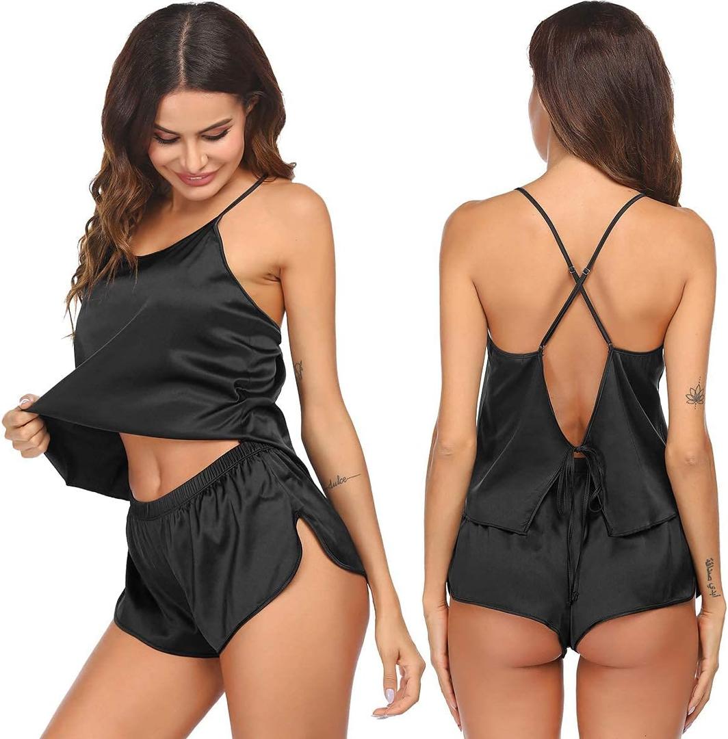 Ekouaer Silk Pajamas Set for Women Satin Backless Lingerie Pjs Cami Top and Shorts Nightwear (3X-Large, Black)