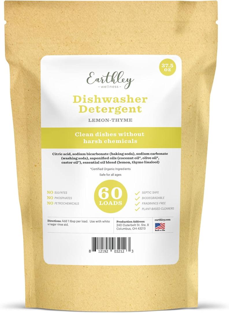 Earthley Wellness, Dishwasher Detergent, Eco-Friendly, Pure, Certified Organic Dish Detergent (60 Loads, Lemon-Thyme)