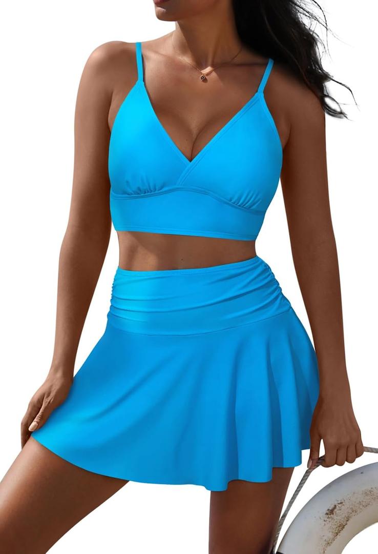 Pink Queen Women's High Waisted Bikini Set Two Piece Swimsuit V Neck Spaghetti Straps Swim Skirt Bathing Suit (Medium, Light Blue)