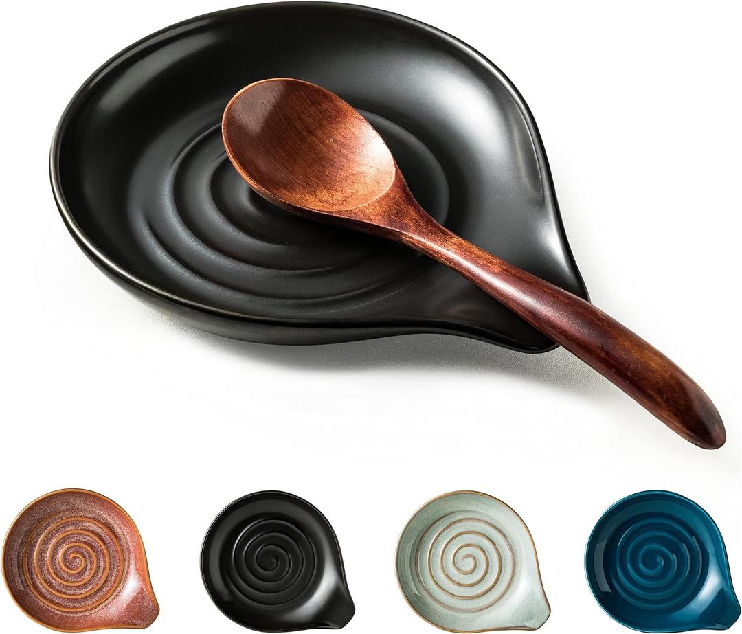 Spoon Rest, Porcelain Drip Tray for Multiple Utensils, Cooking&Large Spoon Holder for Stove Top, Modern Farmhouse Kitchen Decor Utensil Holder for Spoons, Ladles, Tongs&Spatula, Black