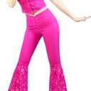 Naywig Cowgirl Outfit 70s 80s Hippie Disco Costume Pink Flare Pant Halloween Cosplay For Women Girls (Girl-140(Height:51-55Inch))