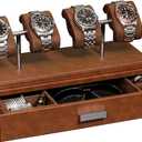 ROTHWELL Luxury Watch Display Case for 4 Watches Leather Watch Box with Acrylic Cover and Removable Slide in Cushions Accessory Drawer with Multiple Configurations (Tan/Brown)