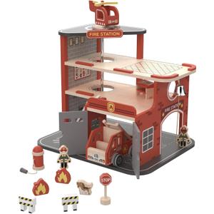 Freniland Wooden Fire Station Playset, 4-Level Pretend Play Firehouse with Fire Truck, Helicopter, Figures & Accessories, Educational Role Play Toy for Toddlers Kids Age 3+