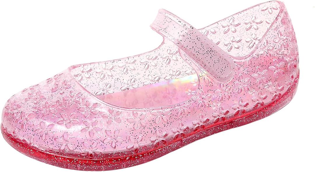 Princess Dress Sandals Jelly Shoes for Toddler Girls Size 8, Blue Bird Nest Layered Lines Mary Jane Flats Childrens Clear Glitter with Hollow-Carved (Pink With Sole)