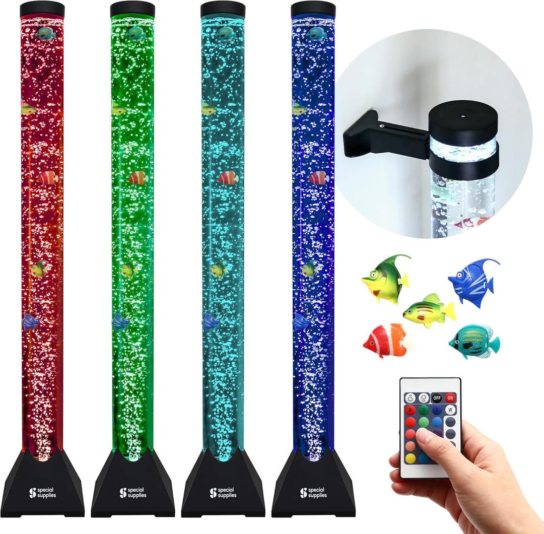 Special Supplies Aquarium Sensory Fish Bubble Light Tube with 16 LED Color Changing Nightlight Effect, Remote Control, and 5 Fishes, Colorful Floor Standing Lamp for Kids and Adults (4 feet)