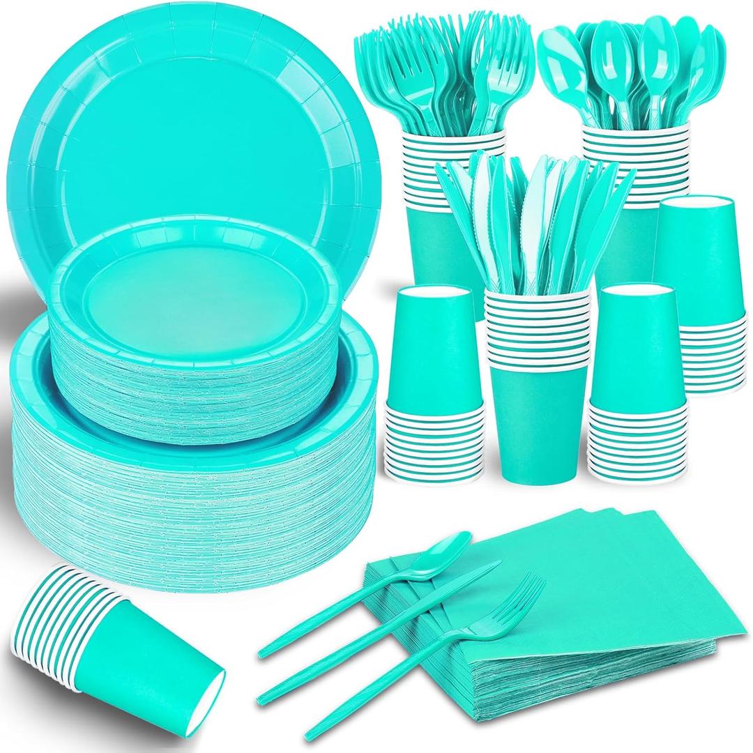 TWOWYHI 228PCS Teal Blue Party Supplies Set Include Paper Plates Cups Teal Blue Napkins Plastic Spoons Forks Knives for 30 Guests Disposable Party Dinnerware for Birthday Wedding Family Picnic (Teal Blue)