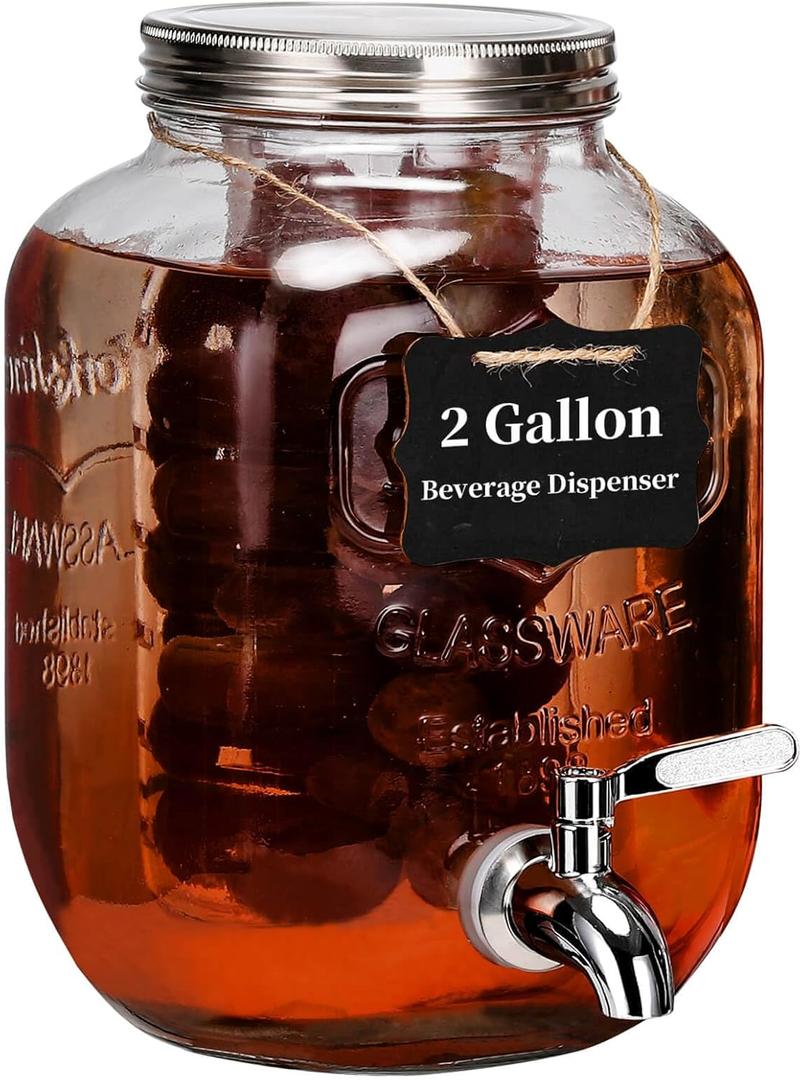 2 Gallon Drink Dispenser with 18/8 Stainless Steel Spigot, Sun Tea Glass Mason Jar for Outside, Iced Lemonade Beverage Dispenser with Ice Core, Large Water Juice Jug, Punch Dispenser for Parties