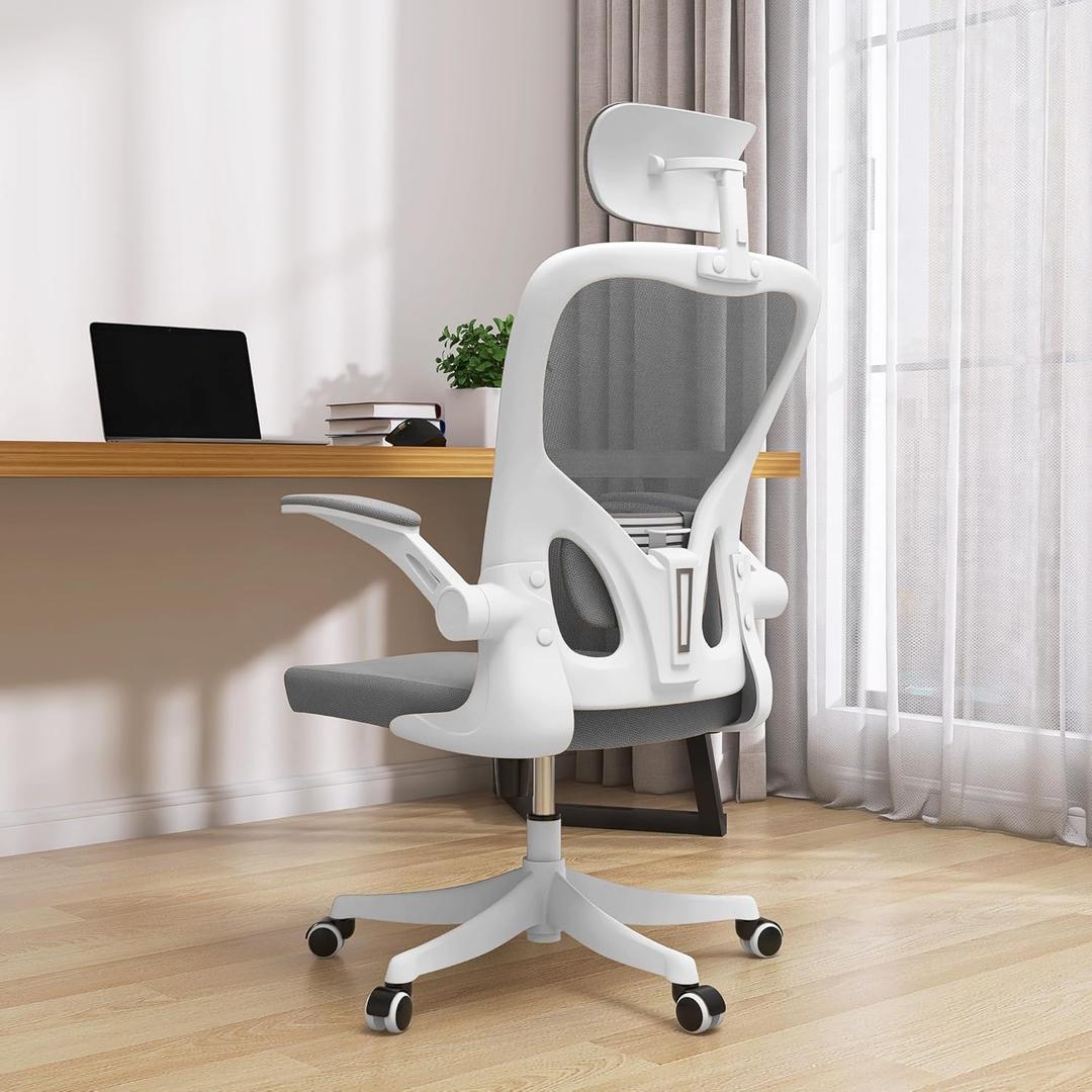 Office Chair Ergonomic Desk Chair with Lumbar Support&Headrest&Flip-up Arms Height Adjustable Rocking Swivel High Computer Chair Multi-Angle from 90 to 130 with 350LBS Capacity (02White+Grey)