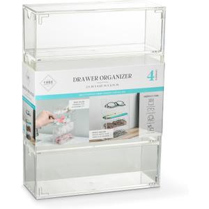 CORE HOME Multi-Purpose Easy Slide Four Drawer Storage Bin Tabletop Organizer 6.75 x 9.75 Inch Acrylic Clear