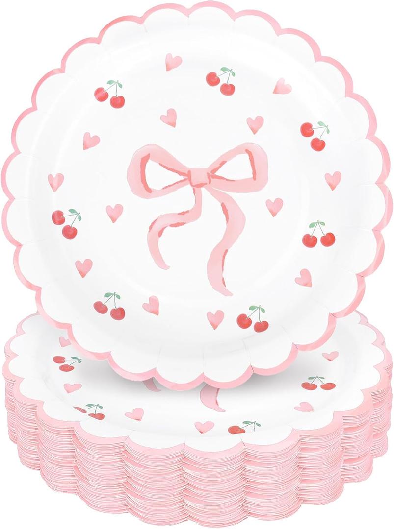 Whaline 40Pcs Pink Bow Paper Plates 9 Inch Scalloped Bowknot Cherry Plates Bow Heart Disposable Dessert Cake Plate For Bachelorette Bridal Engagement Wedding Birthday Baby Shower Party Supplies