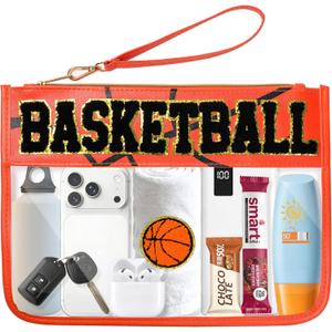Basketball Gift Clear Basketball Bag with Chenille Letter Patches, Waterproof PVC Toiletry Pouch with Wristlet, Large Portable Makeup Bag for Basketball Moms Essentials, Game Day & Travel Organizer