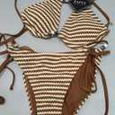 ZAFUL Women's Triangle String Bikini Set Boho Tie Side Two Piece Swimsuit Straps Halter Beads Bathing Suit (Brown, S)
