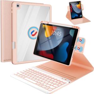 Keyboard Case for iPad 9th/8th/7th Generation-10.2 inch 2021/2020/2019, iPad Pro 10.5-inch, iPad Air 3 Gen Case with Backlit Keyboard, 360 Rotatable Detachable Folio with Pencil Holder (Pink)