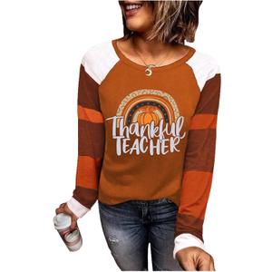 MOUSYA Thankful Blessed T-Shirt Thanksgiving Colorful Turkey Tshirt Women 3/4 Sleeve O-Neck Striped Splicing Tops Tees (Brown, S)