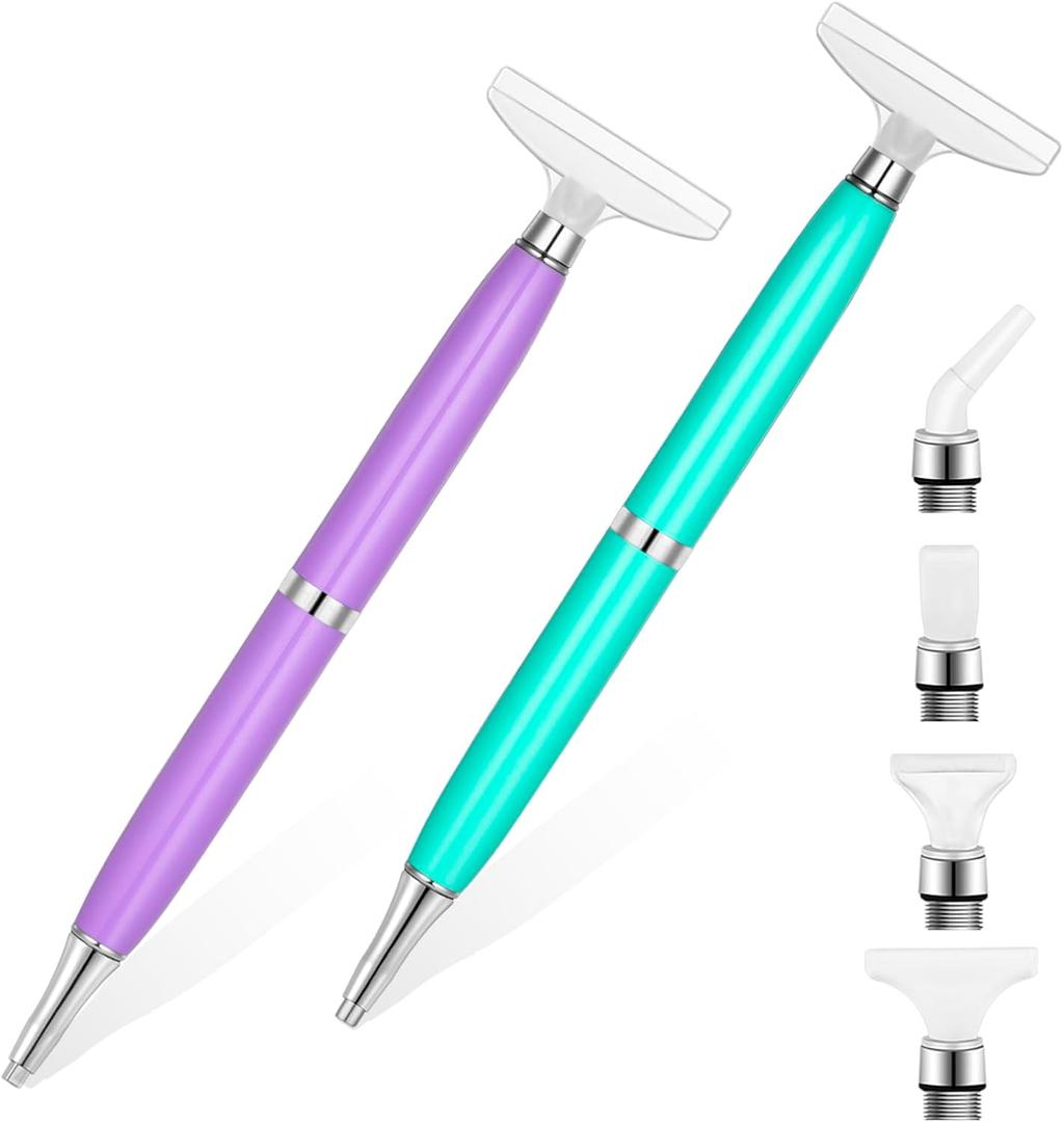 benote Diamond Art Pen Tools, 2 Sets Ergonomic Diamond Art Accessories Pens Metal Screw Thread Multi Placer Tips, Round and Square Drill Pen for Nail DIY Craft (Purple+Green)
