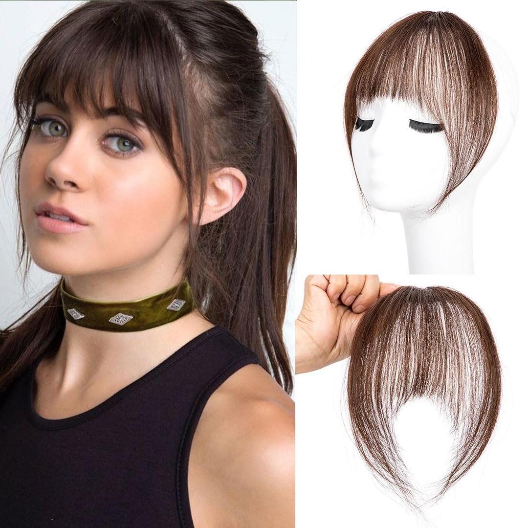 Clip in Bangs 100% Real Human Hair Extensions French Bangs for Women Fake Bangs Clip on Bangs Faux Hair extensions Fringe with Temples (Medium Brown)
