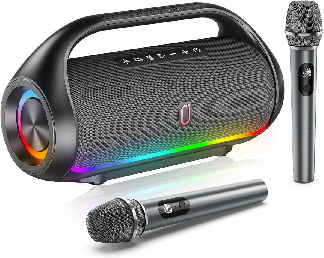 Karaoke Machine for Adults and Kids, Portable Bluetooth Speaker with Microphones, PA System with 2 Karaoke Microphones, Disco Lights for Home Parties Outdoor, Support USB/AUX/TWS