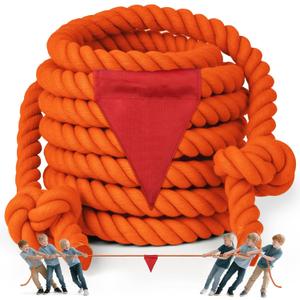 X XBEN Tug of War Rope with Flag for Kids 60FT, Teens and Adults, Soft Cotton Rope Games for Team Building Activities, Family Reunion, Birthday Party Orange