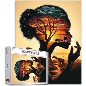Black Girl Jigsaw Puzzles 1000 Pieces for Adults, Families (Africa Woman,Elephant,Giraffe,Tree of Life) Pieces Fit Together Perfectly 19.7''x27.6''inch African American Frameable Magic Puzzle Ar
