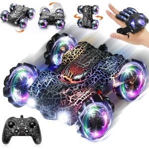 Hand Controlled Remote Control Car, 2.4Ghz Gesture Sensing RC Stunt Car with Wholebody Light & Headlight, Rechargeable 360 Rotating Double Sided RC Cars Black Spider Toys for Boys 4-6 5-7 8-12