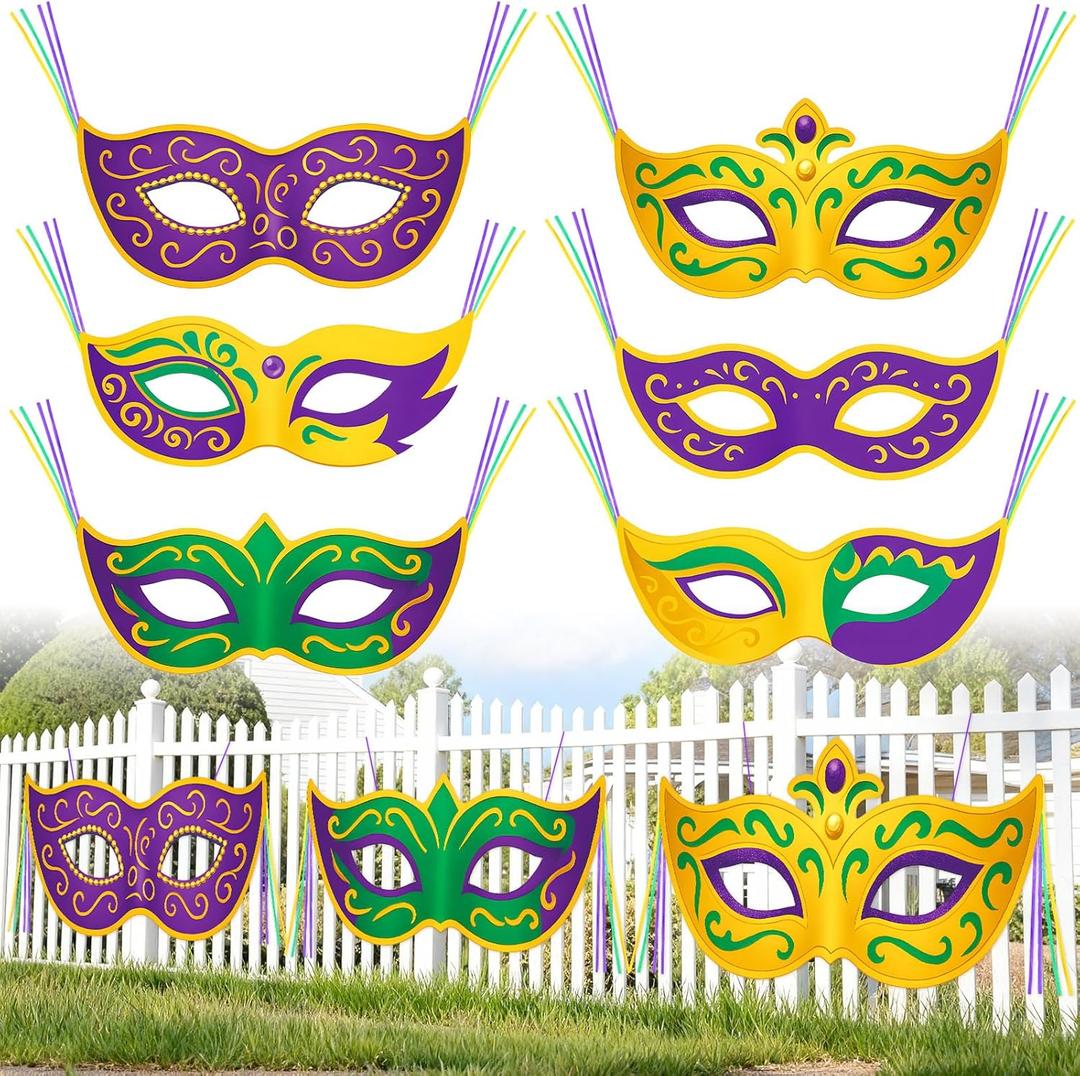 6 Pcs Mardi Gras Mask Banner Decorations Outdoor Large Mardi Gras Porch Sign Hanging Purple Green Gold Mask Door Banner for Party Indoor Outdoor Wall Front Door Fence Background Decor