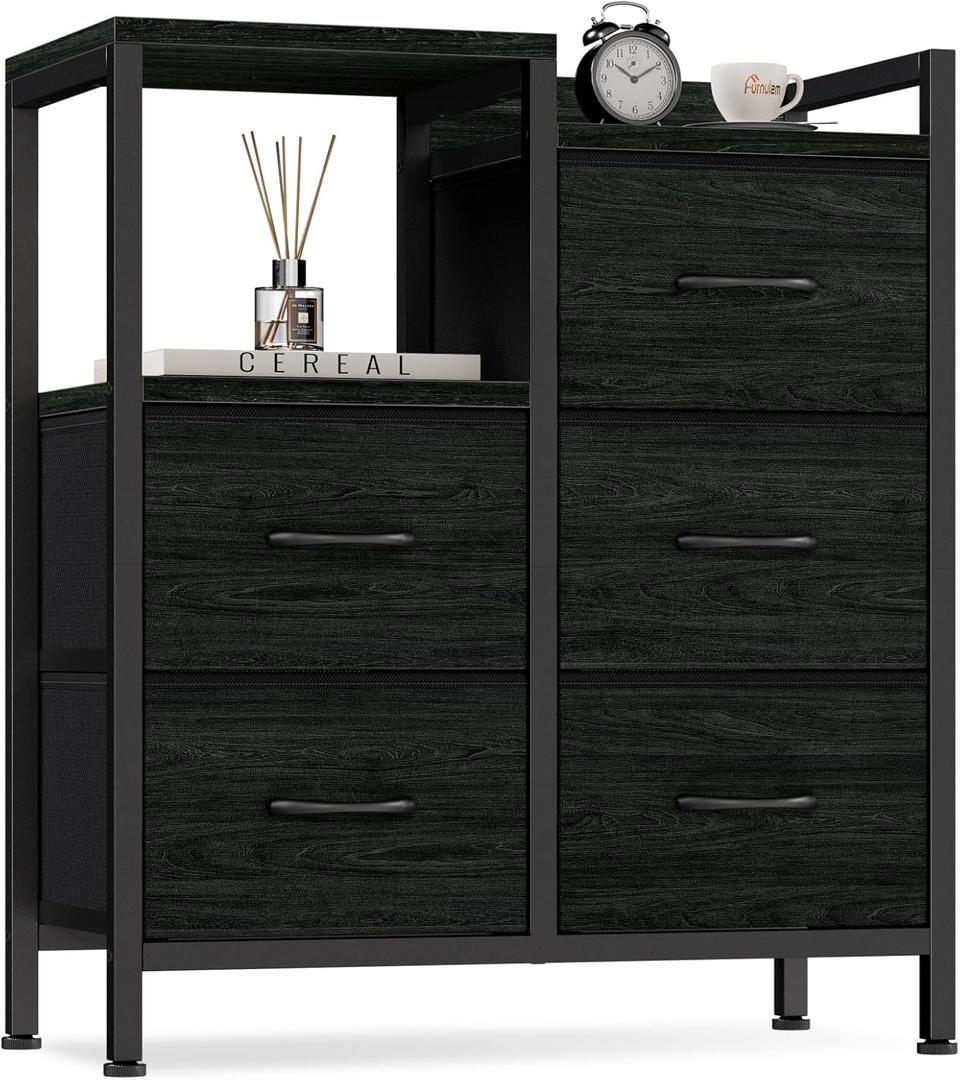 Furnulem 5 Drawer Black Dressers for Bedroom 2 Tier Shelf Storage Small Fabric Dresser for Closet Sturdy Metal Frame Modern Style Storage Cabinets Organization Units for Hallway Rooms