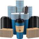 Clawsoff 50 Pack 20 oz Coffee Cups with Lids, Disposable To Go Paper Coffee Cups with Sleeves and Stirring Sticks for Hot/Cold Drinks Office Home Shop Event (Navy)