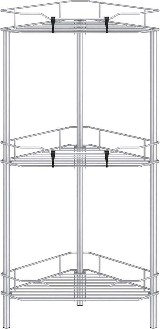 HuggieGems 3 Tier Floor Standing Corner Shower Caddy Organizer Shelf with Hooks, Bathroom Shelves Stand Rack, Silver